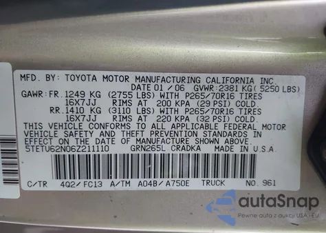 2006 Toyota Tacoma Prerunner V6 из США, поврежденный, VIN 5TETU62N06Z211110